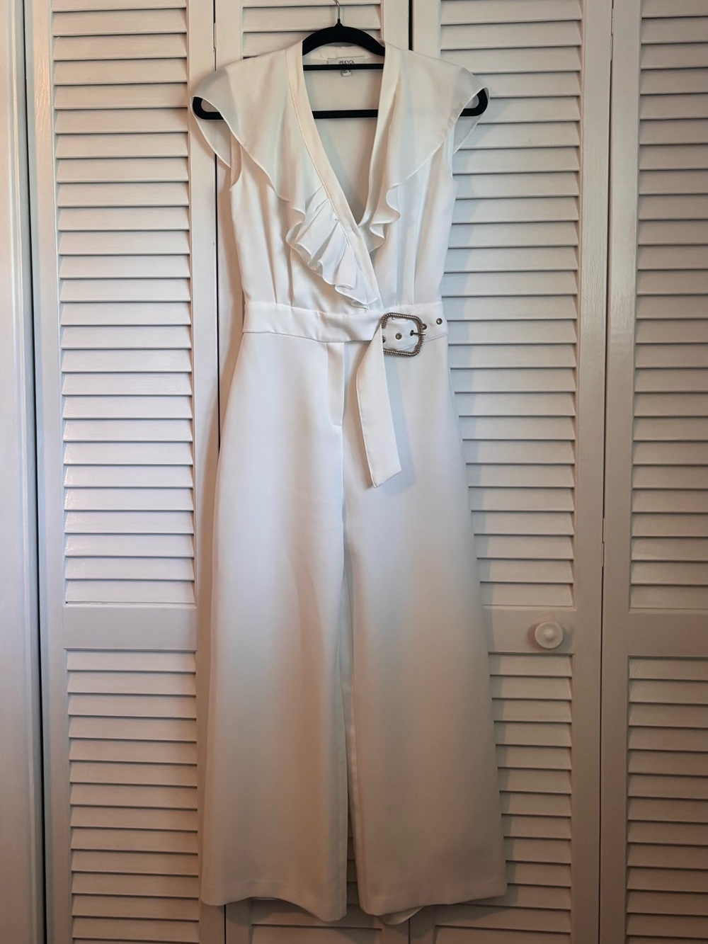 Chic White Ruffle Wrap Jumpsuit with Belt